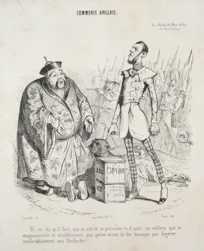 Commerce anglais.  Yé vo dis qu'il faut, que vo ach'te ce poisonne to d'suite, no vollons que vo empposonniez vo véritéblement, pou que'no avions du thé bocoupe pou digerer conforteblément nos Beefteakes!