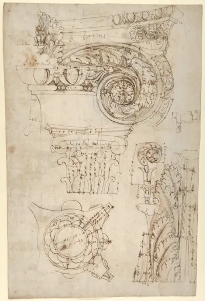 Composite capital, plan, elevation, and details; frieze, detail (recto) Forum of Nerva, entablature and attic, profiles; portico, perspective, and cornice, profile (verso)