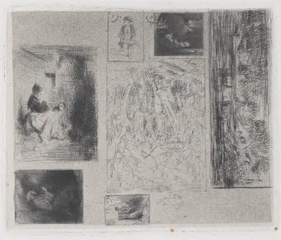 Composite plate: Woman and Children (a), Old Musician (b), Frying Merchant (c), Landscape (d), Landscape (e), Praying Monk (f), and Scavenger (g)