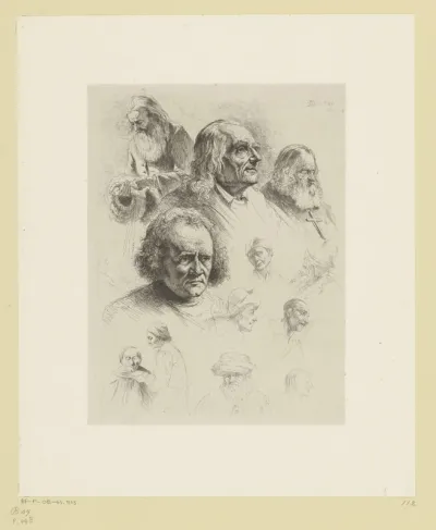 Compositie met dertien hoofden van mannen van verschillende leeftijden
