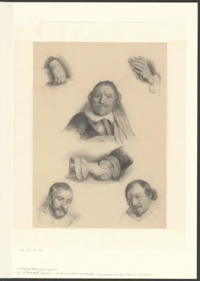 Compositie met details van handen en koppen van het schilderij De schuttersmaaltijd in de Voetboog- of St. Jorisdoelen te Amsterdam ter viering van het sluiten van de vrede van Munster