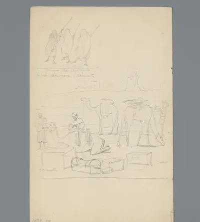 Compositie met drie dansende vrouwen en lastkamelen
