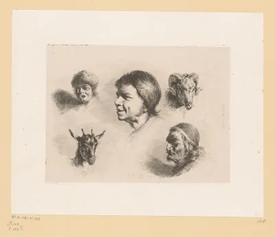 Compositie met drie hoofden van mannen van verschillende leeftijden, een ram en een bok