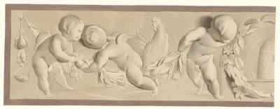 Compositie met drie putti en een haan, rechts een lauwerkrans en een bijenkorf