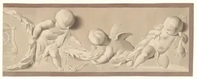 Compositie met drie putti en een leidsel, rechts een lauwerkrans en een klok