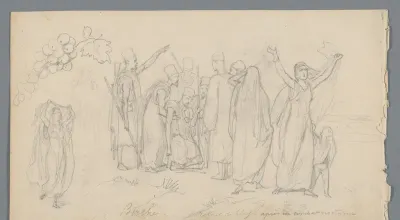 Compositie met een groep Egyptische soldaten met een gewonde, een dansende vrouw en een druiventros