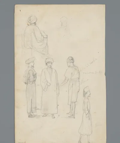 Compositie met een zittende figuur, drie staande figuren en een lopende figuur