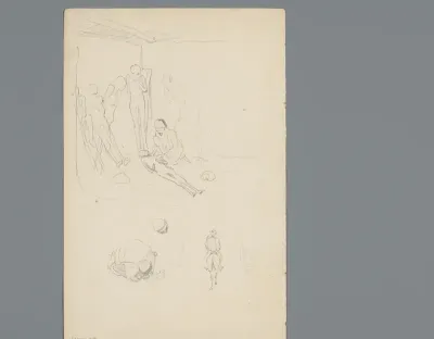 Compositie met figuren in een vertrek met mummies