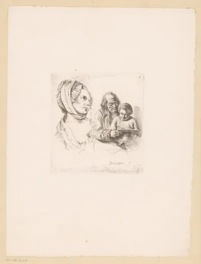 Compositie met hoofd van een vrouw en een oude man met kind op de schoot