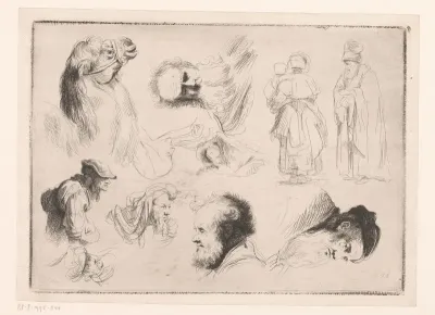 Compositie met hoofden van verschillende mannen en een kameel en twee staande figuren