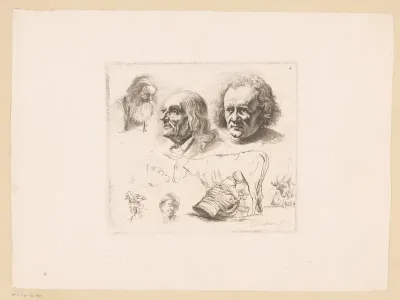 Compositie met koe, bok en zes hoofden van mannen van verschillende leeftijden