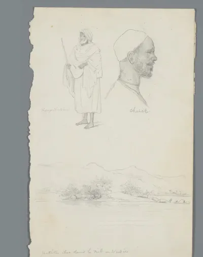 Compositie met kustlandschap, profielkop en staande Nubiër