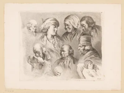 Compositie met negen hoofden van mannen en vrouwen van verschillende leeftijden