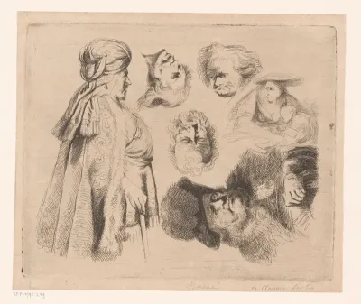 Compositie met Oosterse man, vrouw met kind en vier hoofden van mannen