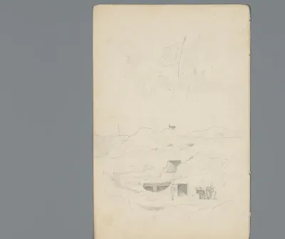 Compositie met rotsgraven en figuren met vlaggen