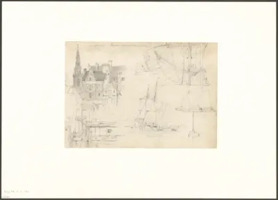 Compositie met schepen en gezicht op de Haringpakkerij en de Oudekerkstoren