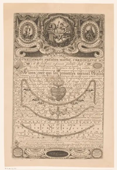 Compositie met uiteenlopende tekst, nummers, symbolen en allegorische figuren