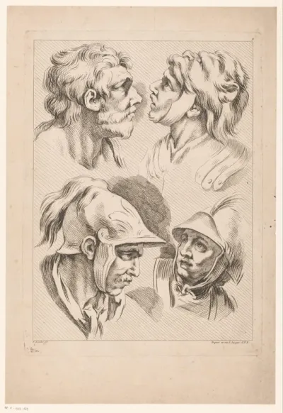 Compositie met vier mannenhoofden, waaronder Hercules