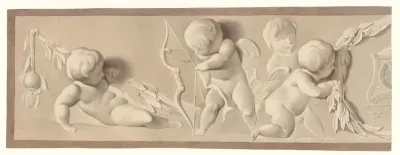 Compositie met vier putti en een pijl en boog, rechts een lauwerkrans en een klok