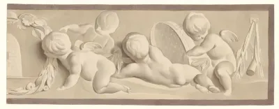 Compositie met vier putti en een zeef, links een lauwerkrans en een bijenkorf