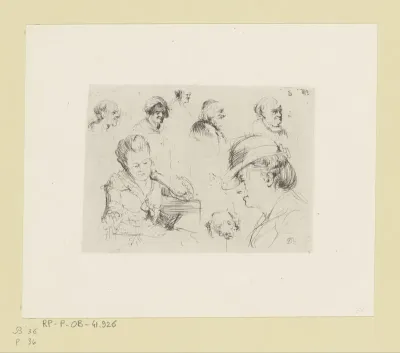 Compositie met vijf mannenhoofden, een hondenkop en twee bustes van vrouwen