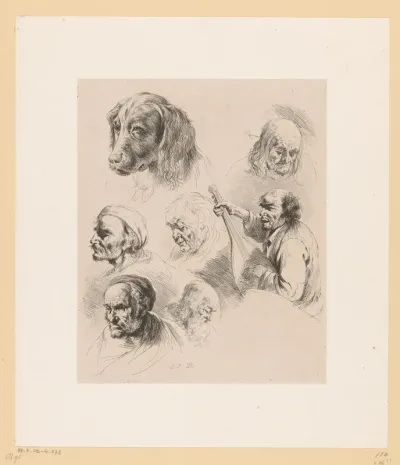 Compositie met zes hoofden van mannen en een hondenkop