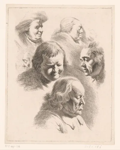 Compositie met zes hoofden van mannen en vrouwen met gesloten ogen