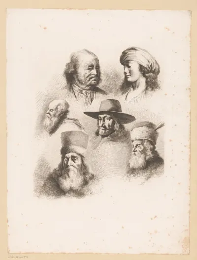 Compositie met zes hoofden van mannen en vrouwen van verschillende leeftijden
