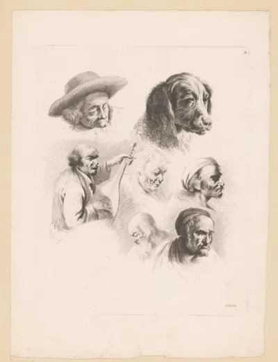 Compositie met zes hoofden van verschillende mannen en de kop van een hond