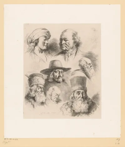 Compositie met zeven hoofden van mannen van verschillende leeftijden