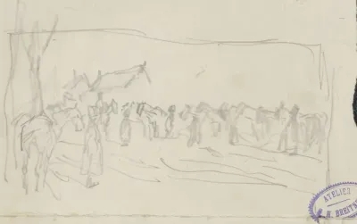 Compositiestudie van cavaleristen naast hun paarden