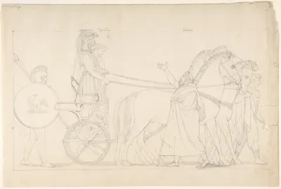 Composition from the "Tragedies of Aeschylus," plate 17 (recto); Goddess statue from "The Suppliants," plate 7 (verso)
