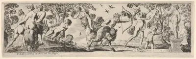 Composition of figures arranged in a landscape foreground before a statue of a female goddess, at left two nude figures support a nude woman riding a goat led by a putto, at center a draped woman holds one finger to her eye behind a satyr holding a b