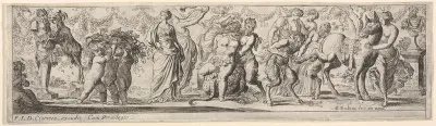 Composition of figures between a Pan herm and a sculpted bust: at left putti carry grapevines, at center a satyr supports Silenus upon a leopard skin, at right a satyr shoes a donkey, from a series of twelve frieze-like designs showing bacchanals, sa