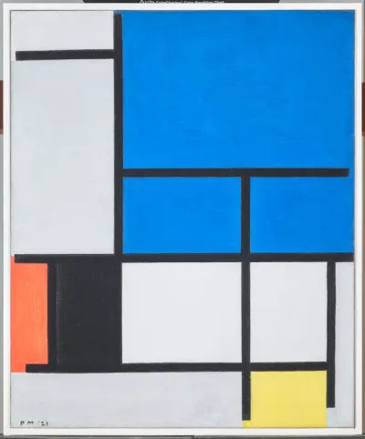 Composition with large red plane, yellow, black, gray and blue