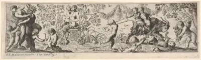 Composition with three figure groups: at left a woman struggles with a male assailant, at center a female satyr and male satryr sit upon a pedestal, at right putti surround two young satyrs riding a goat, from a series of twelve frieze-like designs s