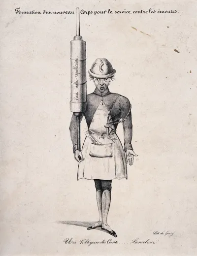 Comte Lanceleau with a large clyster to disperse rioters