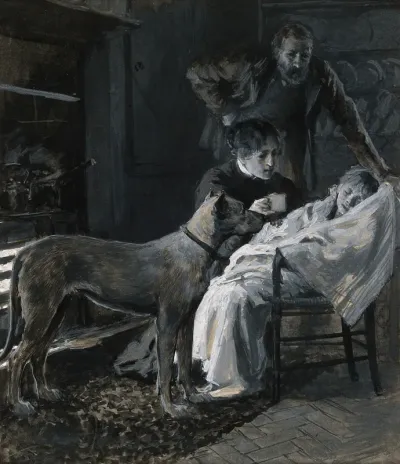 Concerned parents trying to coax a sick child to take some liquid while a dog waits patiently