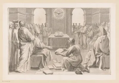 Concilie met de Heilige Geest boven het Evangelie, omringd door geestelijken