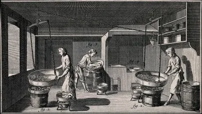 Confectioner's shop: interior view, process of smoothing sugar-plums