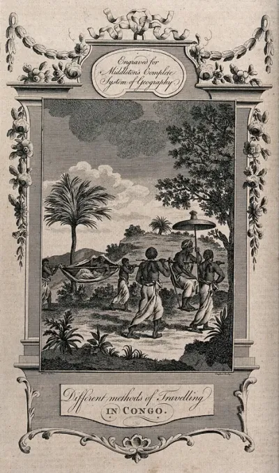 Congo: one man is being carried in a litter and another on a seat suspended from sticks