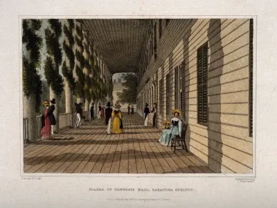 Congress Hall, Saratoga Springs, New York: visitors to the health resort taking the air outside the hotel