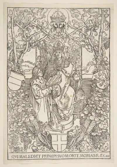 Conrad Celtis Presenting His Book "Quatuor Libri Amorum" to Maximilian I (from the book)