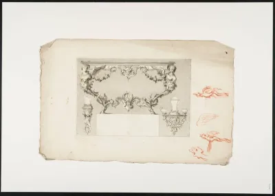Console table decorated with 2 winged female figures, dragons, masks and flowers
