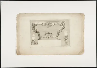 Console table decorated with floral motifs and a mask