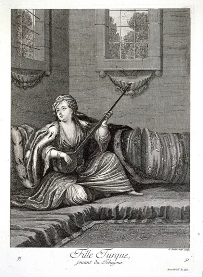 Constantinople: a girl playing the tehegour (guitar)