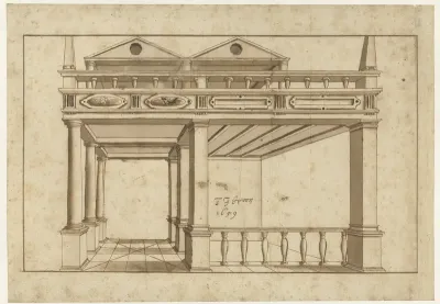 Constructietekening in perspectivisch doorzicht van een gallerij