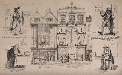 Contrasts in drinking of alcoholic beverages: a tavern from 1553 is contrasted with a gin-palace of 1847, temperance with drunkenness, and luxury with poverty