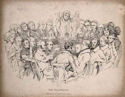 Contributors to Frazer's Magazine, sitting around a dining table, talking, smoking and drinking
