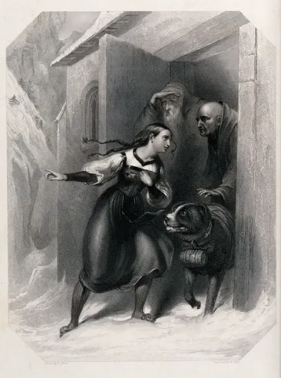 Convent of St Bernard, Switzerland: a distressed woman in Swiss peasant costume is standing in the snow outside a monastery and pleads to two monks pointing in the distance, the monks are sending out their St